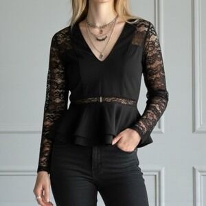 Love University | Whimsygoth Black Lace Layered Peplum Top Size M Coquette Goth